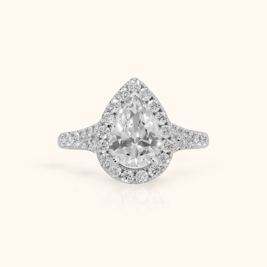 Kenner Halo Split Shank Pear Diamond Engagement Ring in White Gold — view 2