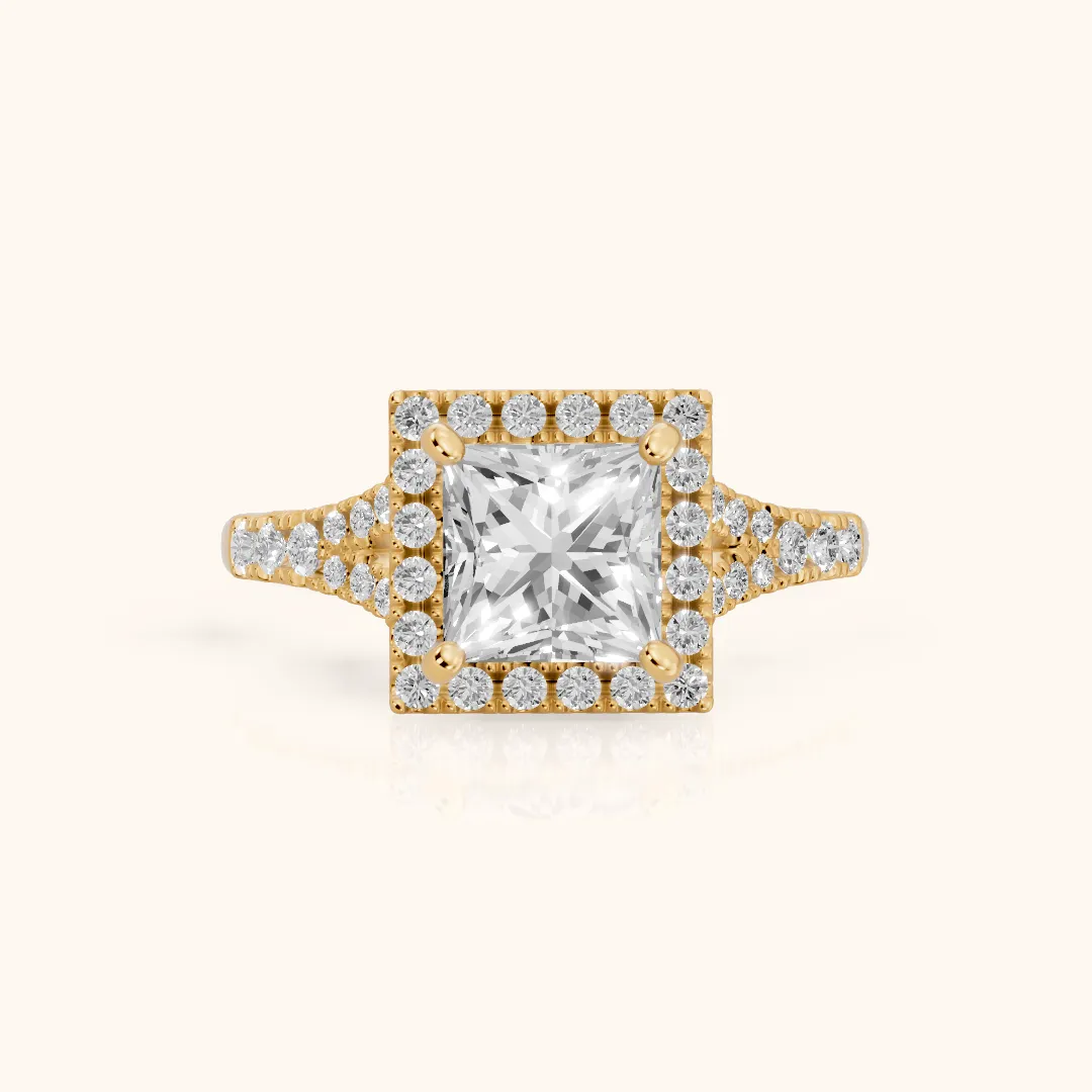 Kenner Halo Split Shank Princess Diamond Engagement Ring in Yellow Gold — view 2