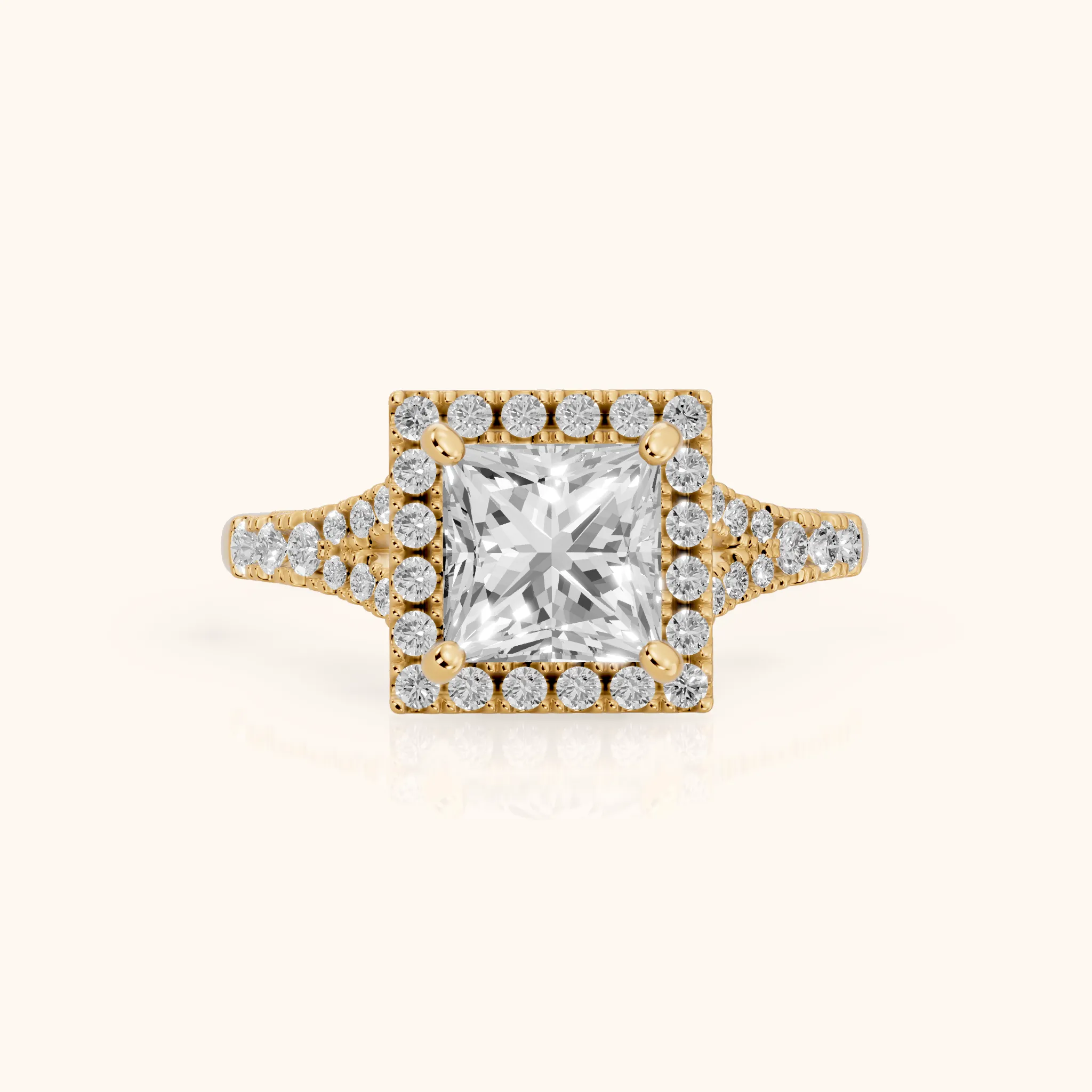 Kenner Halo Split Shank Princess Diamond Engagement Ring in Yellow Gold — view 1