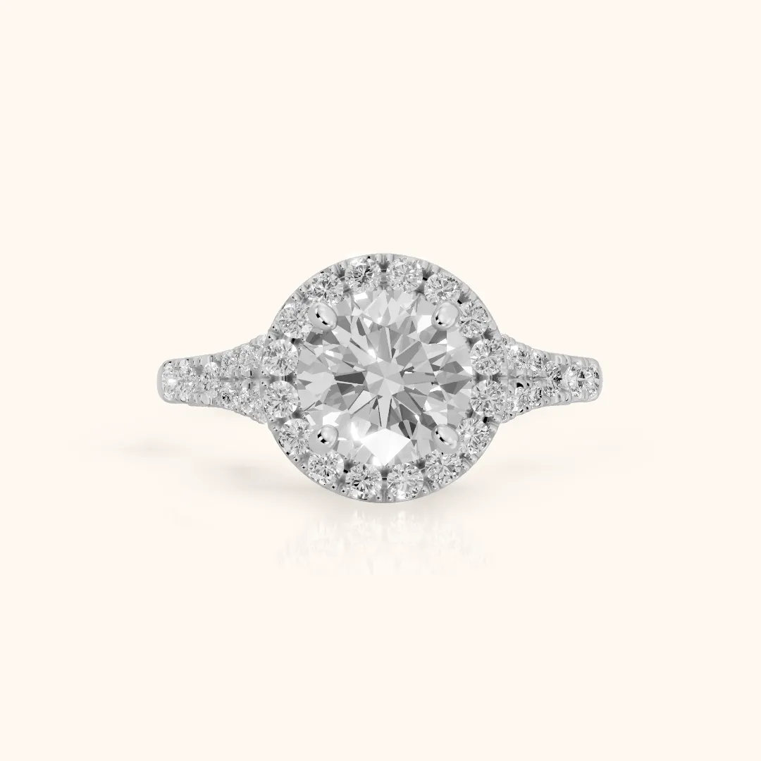 Kenner Halo Split Shank Round Diamond Engagement Ring in Silver — view 2