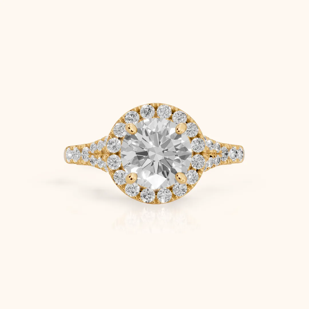 Kenner Halo Split Shank Round Diamond Engagement Ring in Yellow Gold — view 2