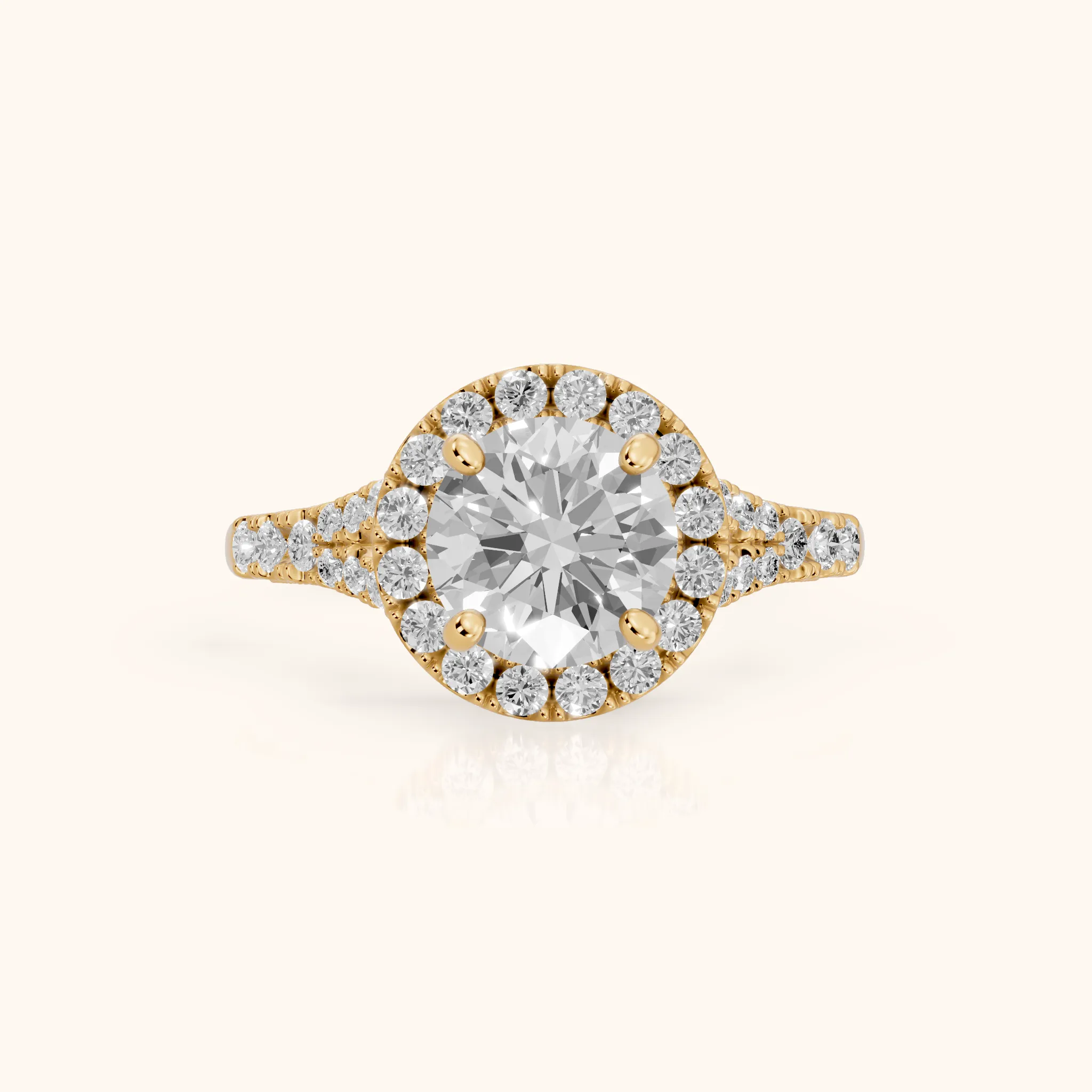 Kenner Halo Split Shank Round Diamond Engagement Ring in Yellow Gold — view 1