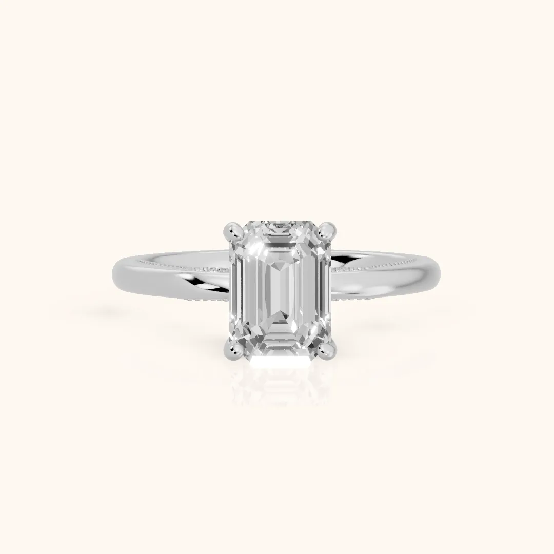 Lowell Hidden Halo Milgrain Emerald Diamond Engagement Ring in Platinum — view 2