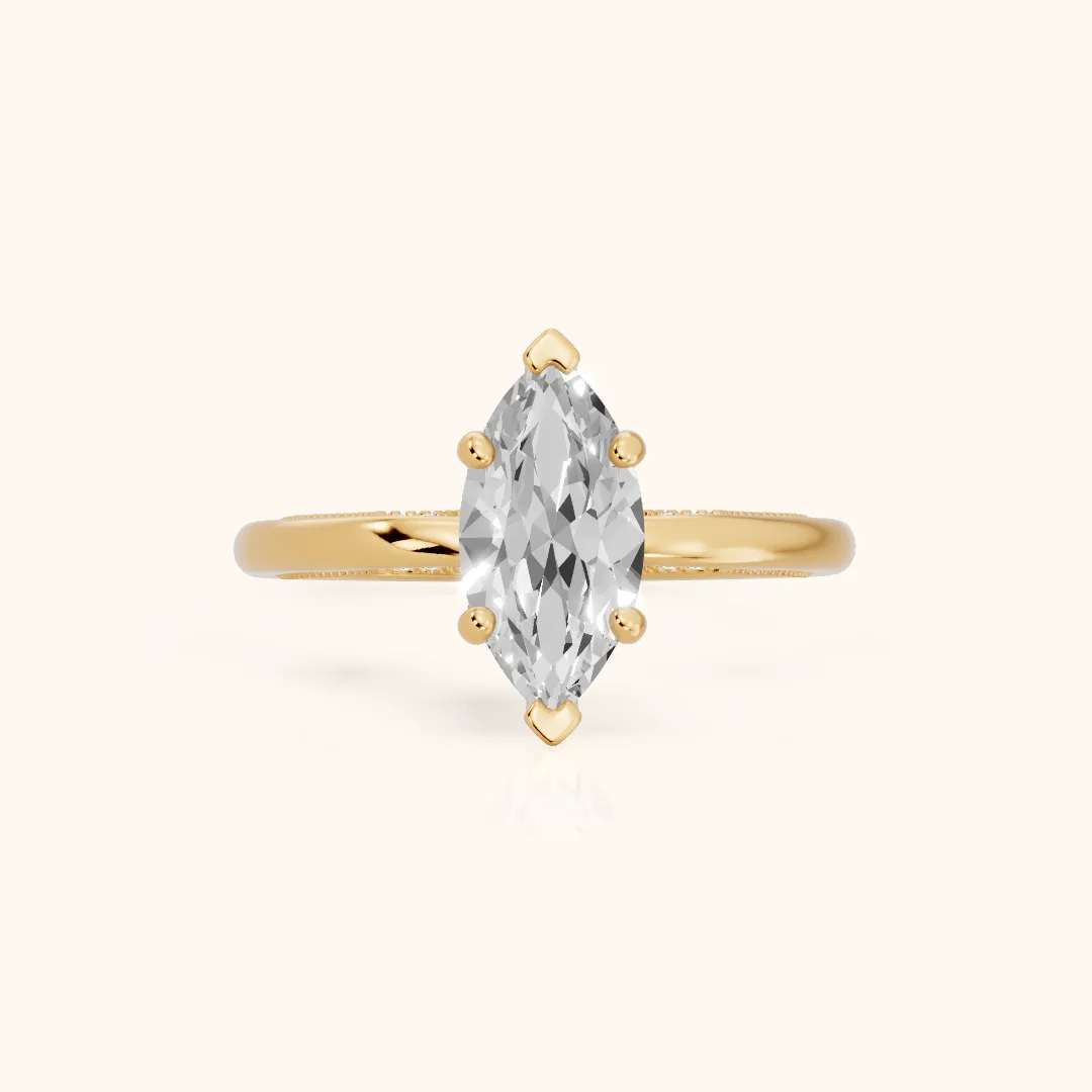 Lowell Hidden Halo Milgrain Marquise Diamond Engagement Ring in Yellow Gold — view 2