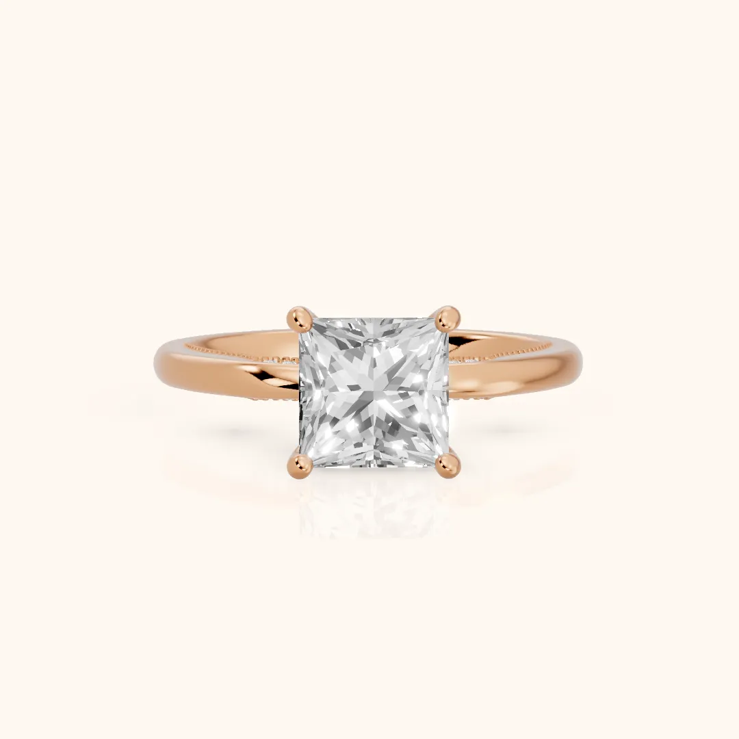 Lowell Hidden Halo Milgrain Princess Diamond Engagement Ring in Rose Gold — view 2