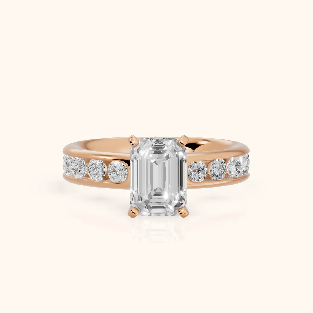 Juneau Cathedral Channel Set Emerald Diamond Engagement Ring in Rose Gold — view 2