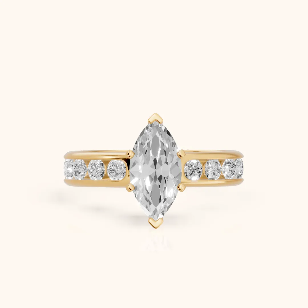 Juneau Cathedral Channel Set Marquise Diamond Engagement Ring in Yellow Gold — view 2