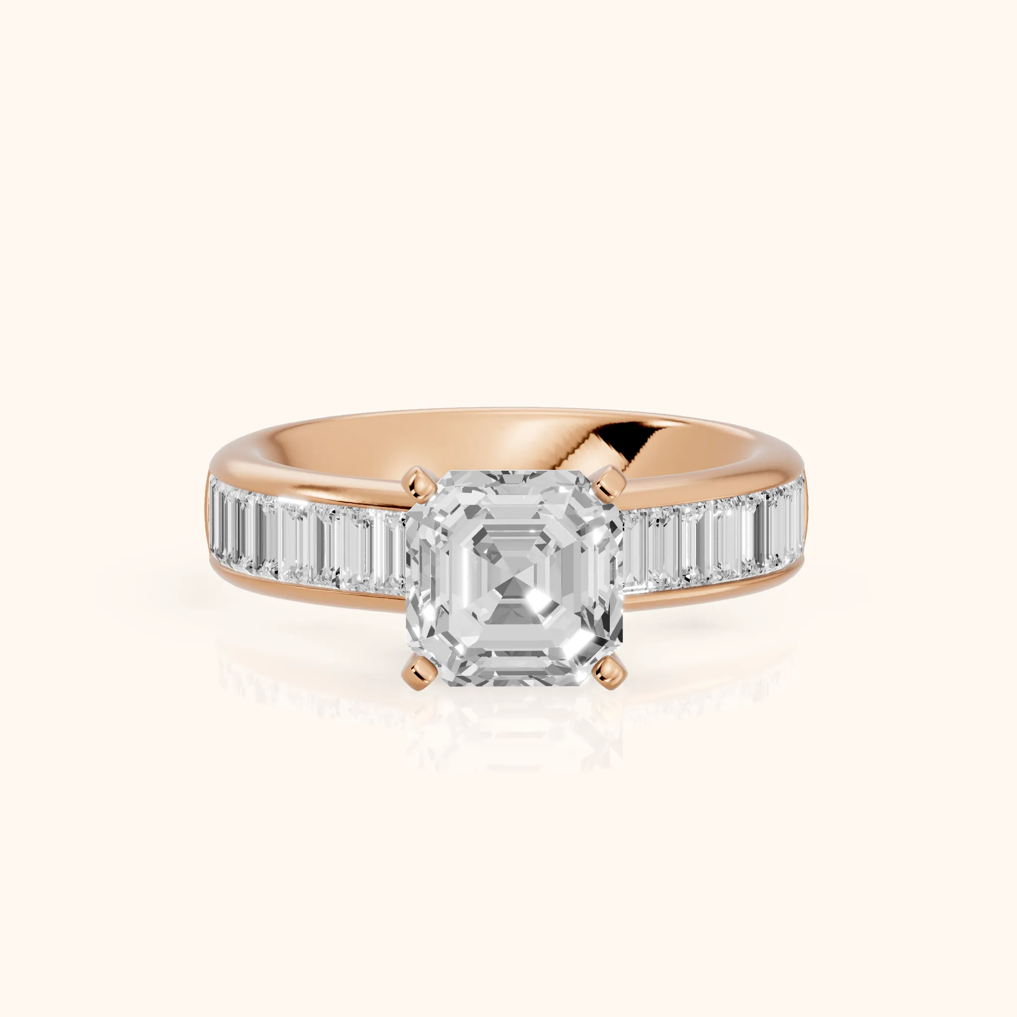 Malibu Wide Band Baguette Asscher Diamond Engagement Ring in Rose Gold — view 1