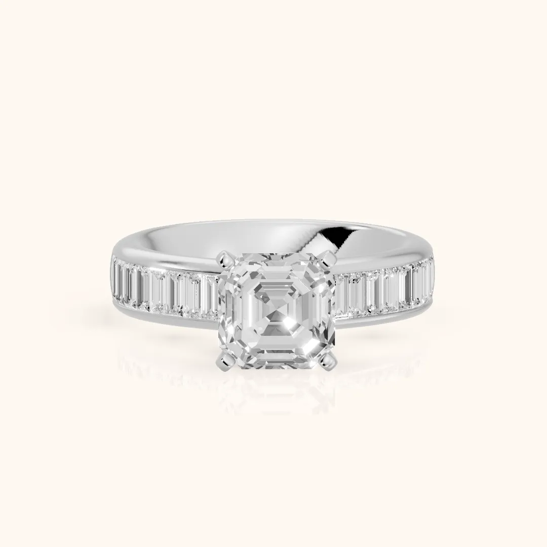 Malibu Wide Band Baguette Asscher Diamond Engagement Ring in Silver — view 2