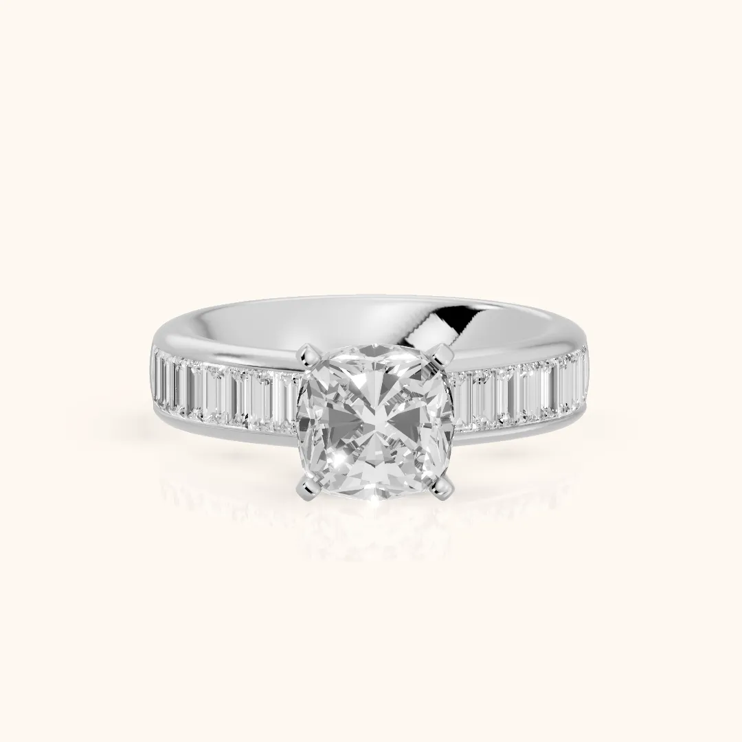 Malibu Wide Band Baguette Cushion Diamond Engagement Ring in White Gold — view 2