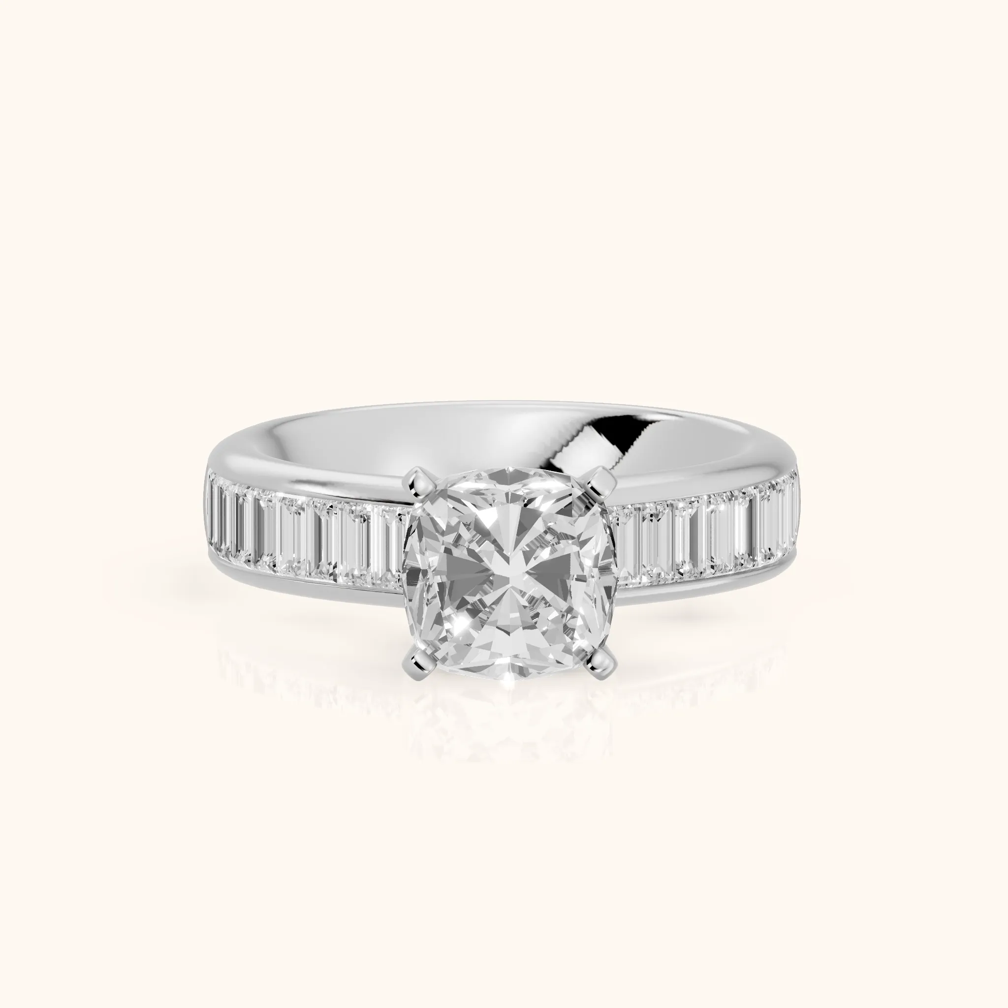 Malibu Wide Band Baguette Cushion Diamond Engagement Ring in White Gold — view 1