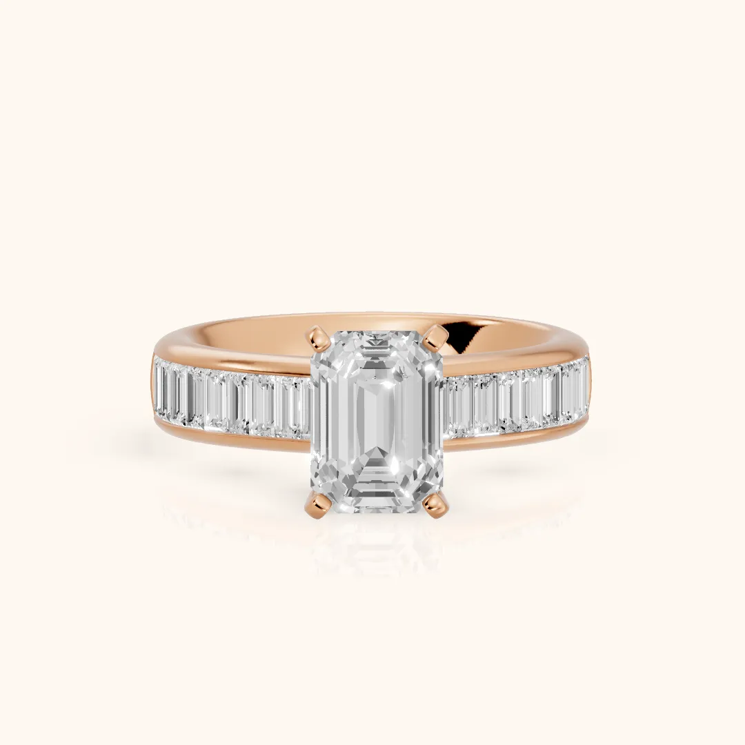 Malibu Wide Band Baguette Emerald Diamond Engagement Ring in Rose Gold — view 2