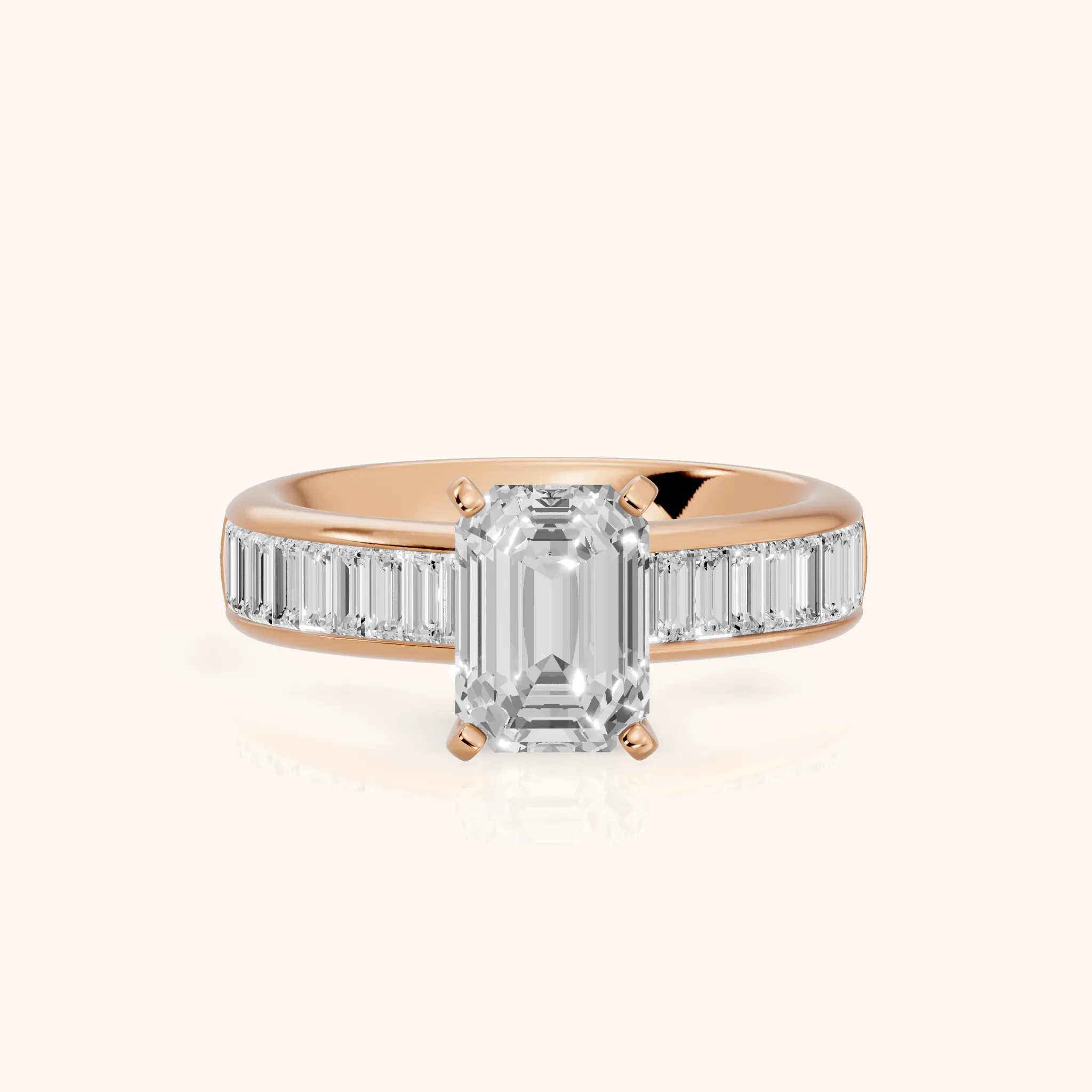 Malibu Wide Band Baguette Emerald Diamond Engagement Ring in Rose Gold — view 1