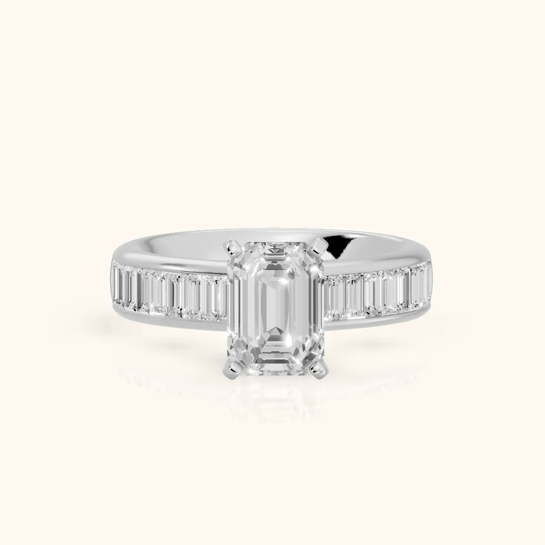 Malibu Wide Band Baguette Emerald Diamond Engagement Ring in Silver — view 2