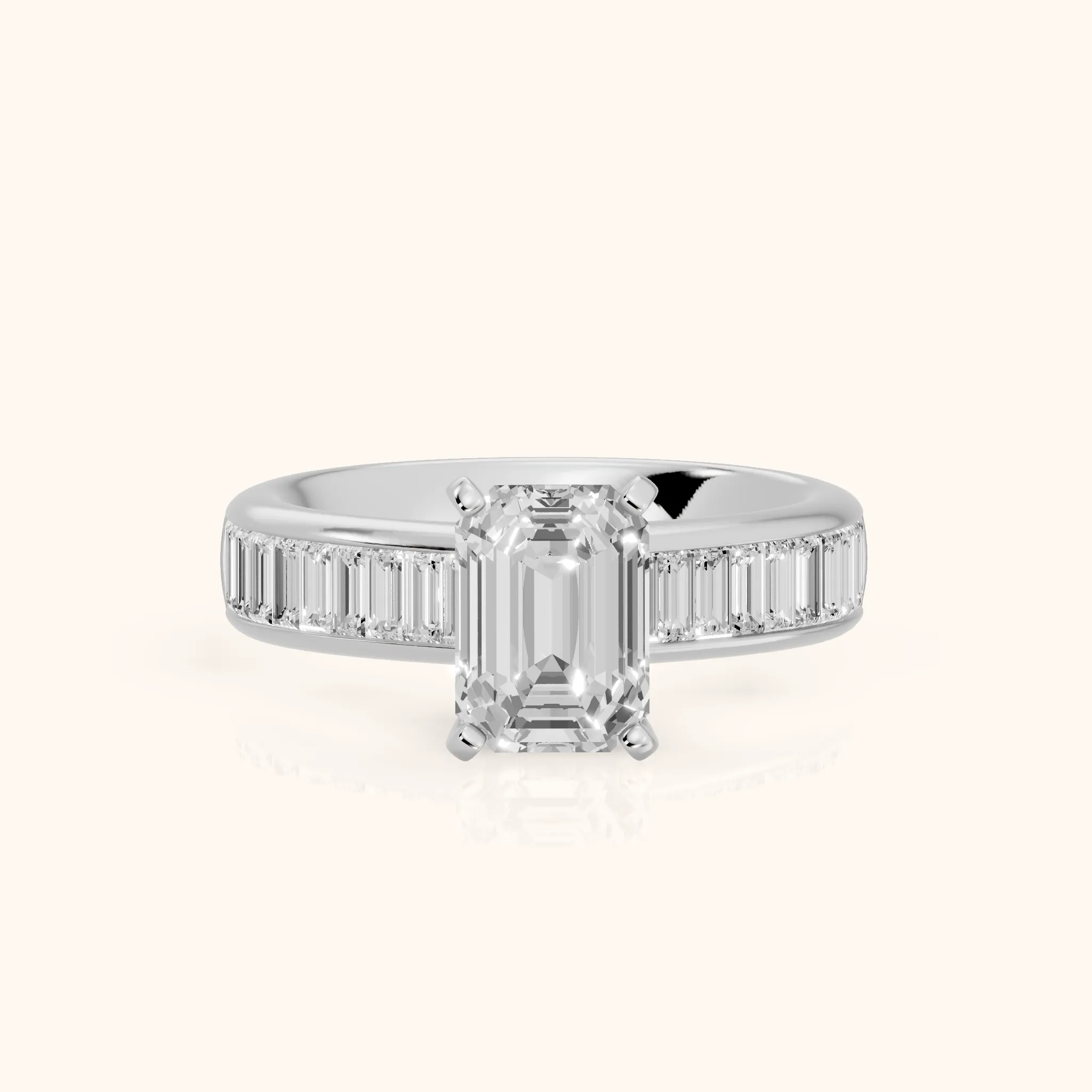 Malibu Wide Band Baguette Emerald Diamond Engagement Ring in Silver — view 1