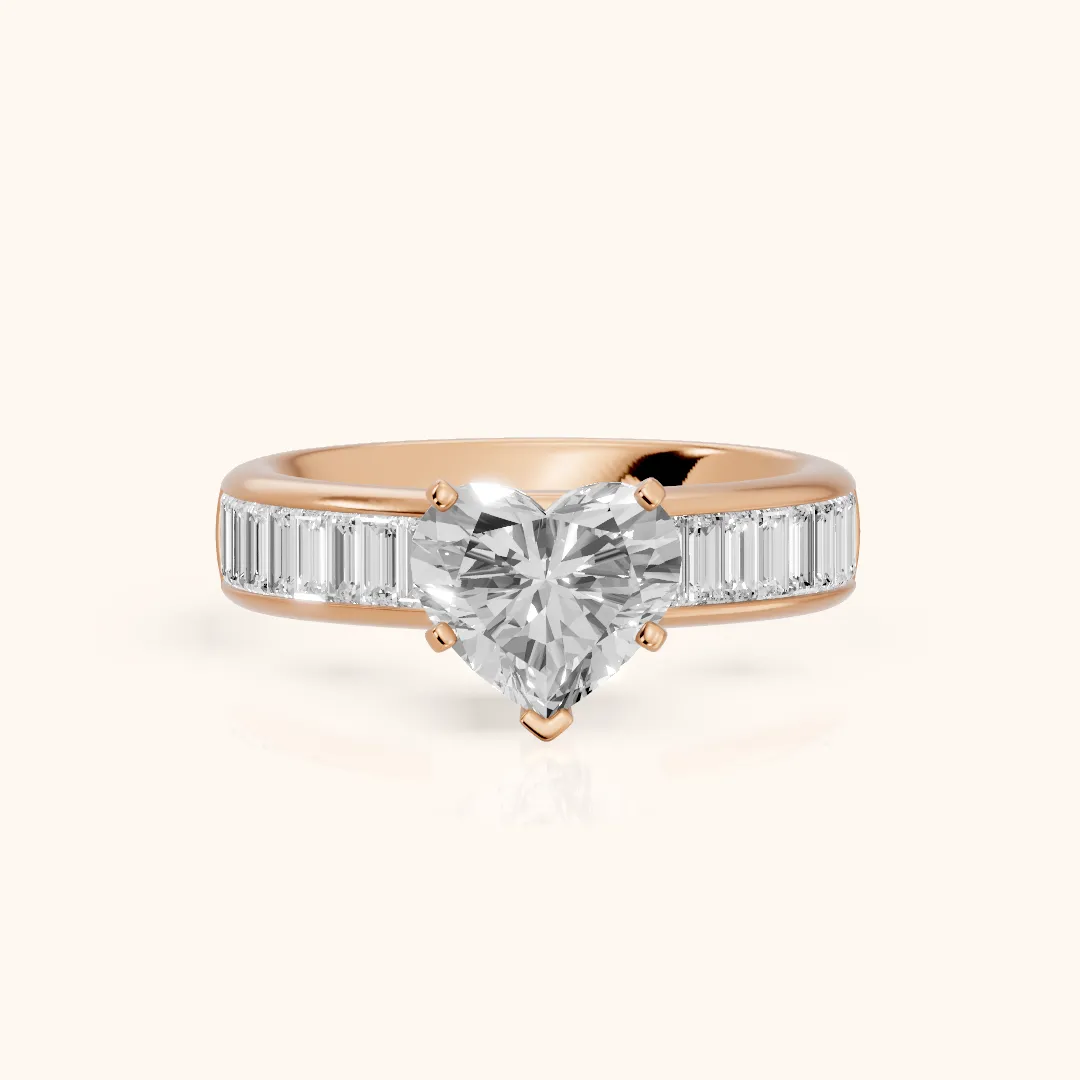 Malibu Wide Band Baguette Heart Diamond Engagement Ring in Rose Gold — view 2