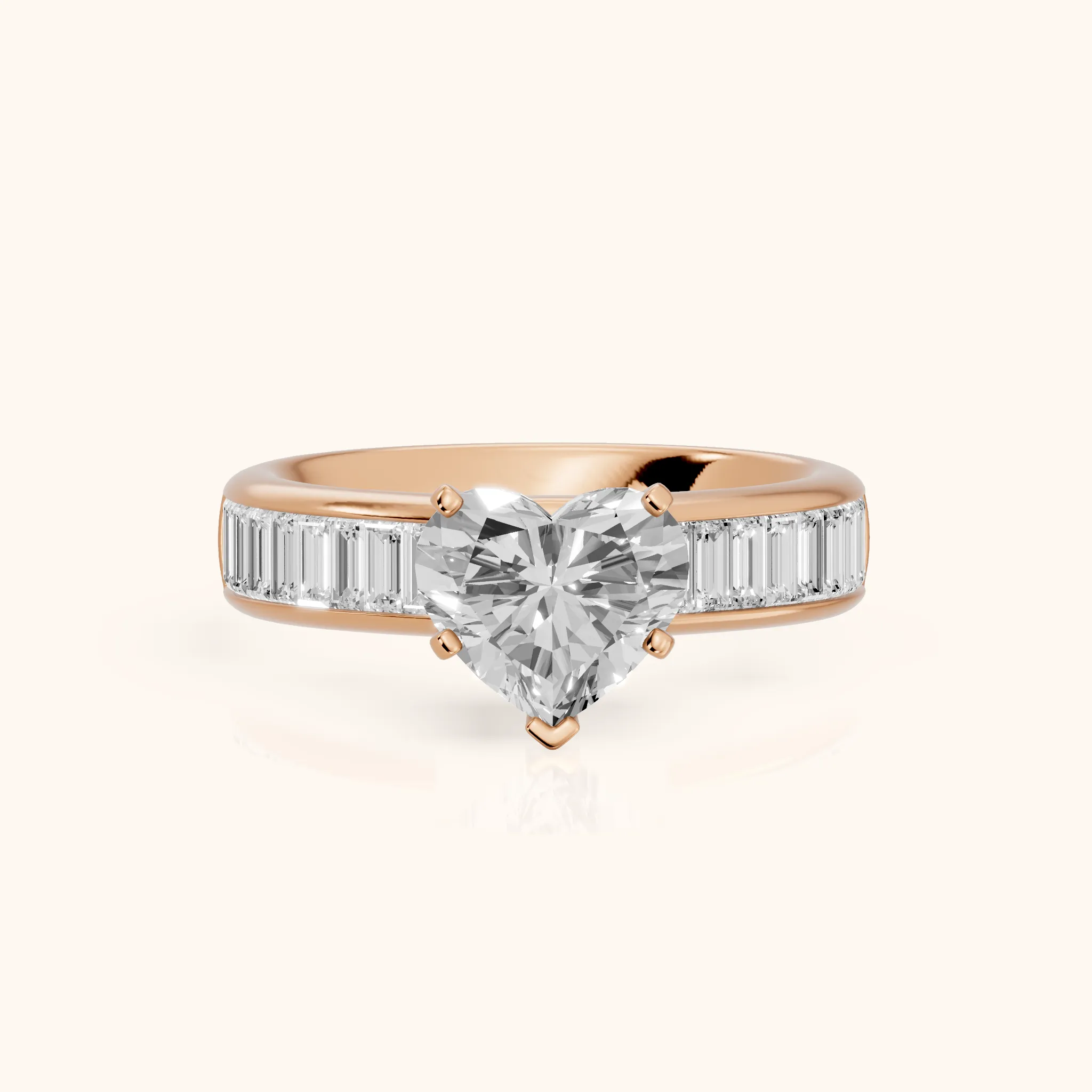 Malibu Wide Band Baguette Heart Diamond Engagement Ring in Rose Gold — view 1