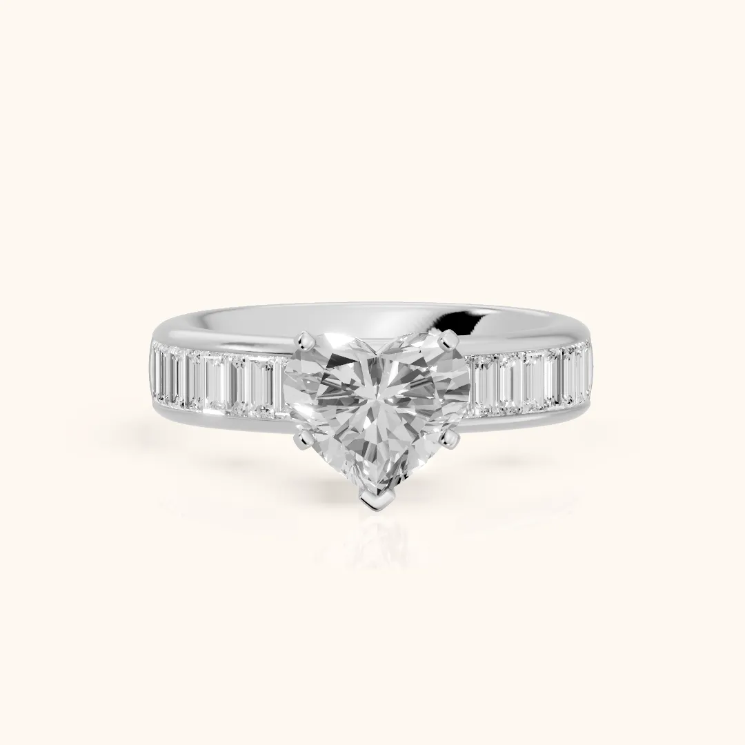 Malibu Wide Band Baguette Heart Diamond Engagement Ring in Platinum — view 2
