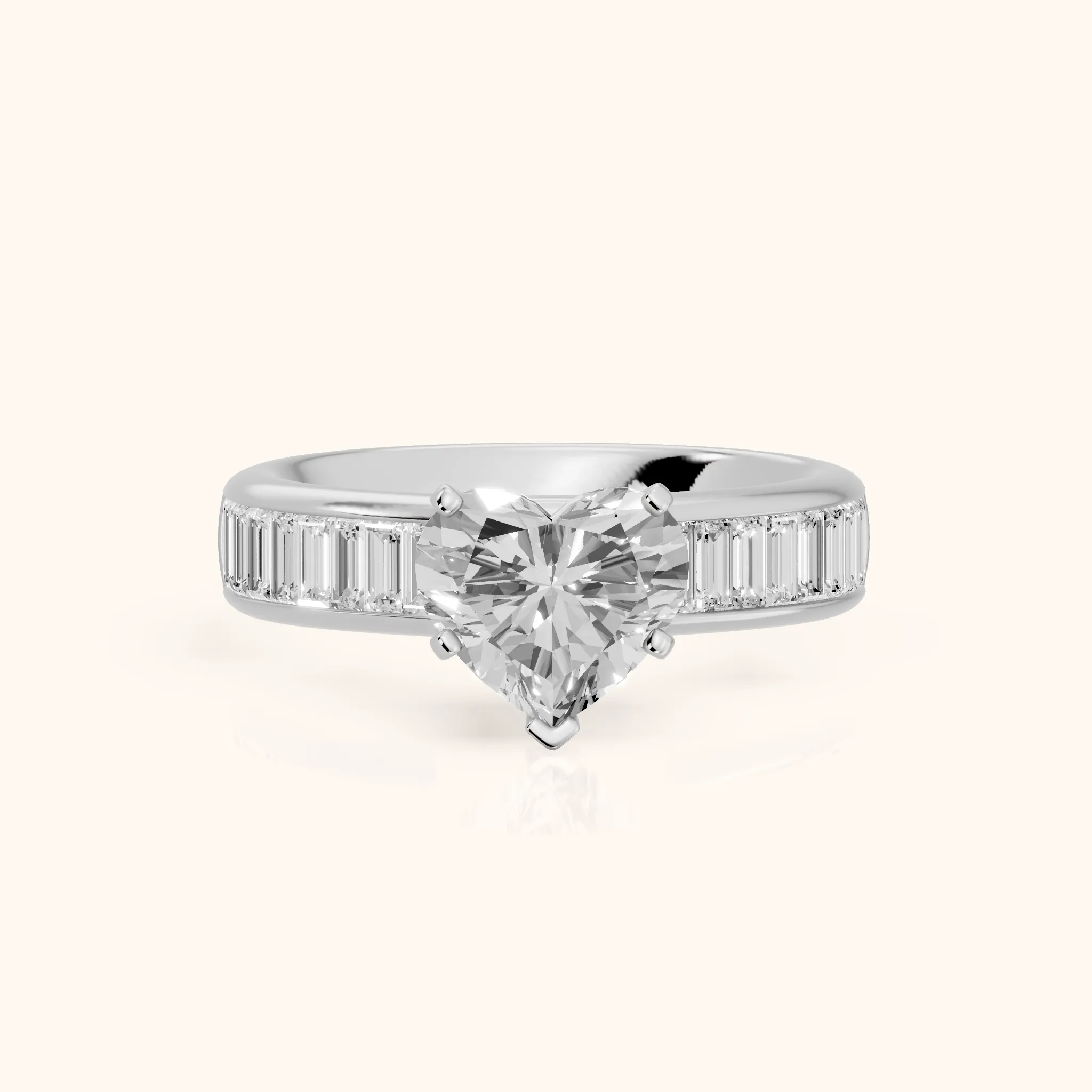 Malibu Wide Band Baguette Heart Diamond Engagement Ring in Platinum — view 1