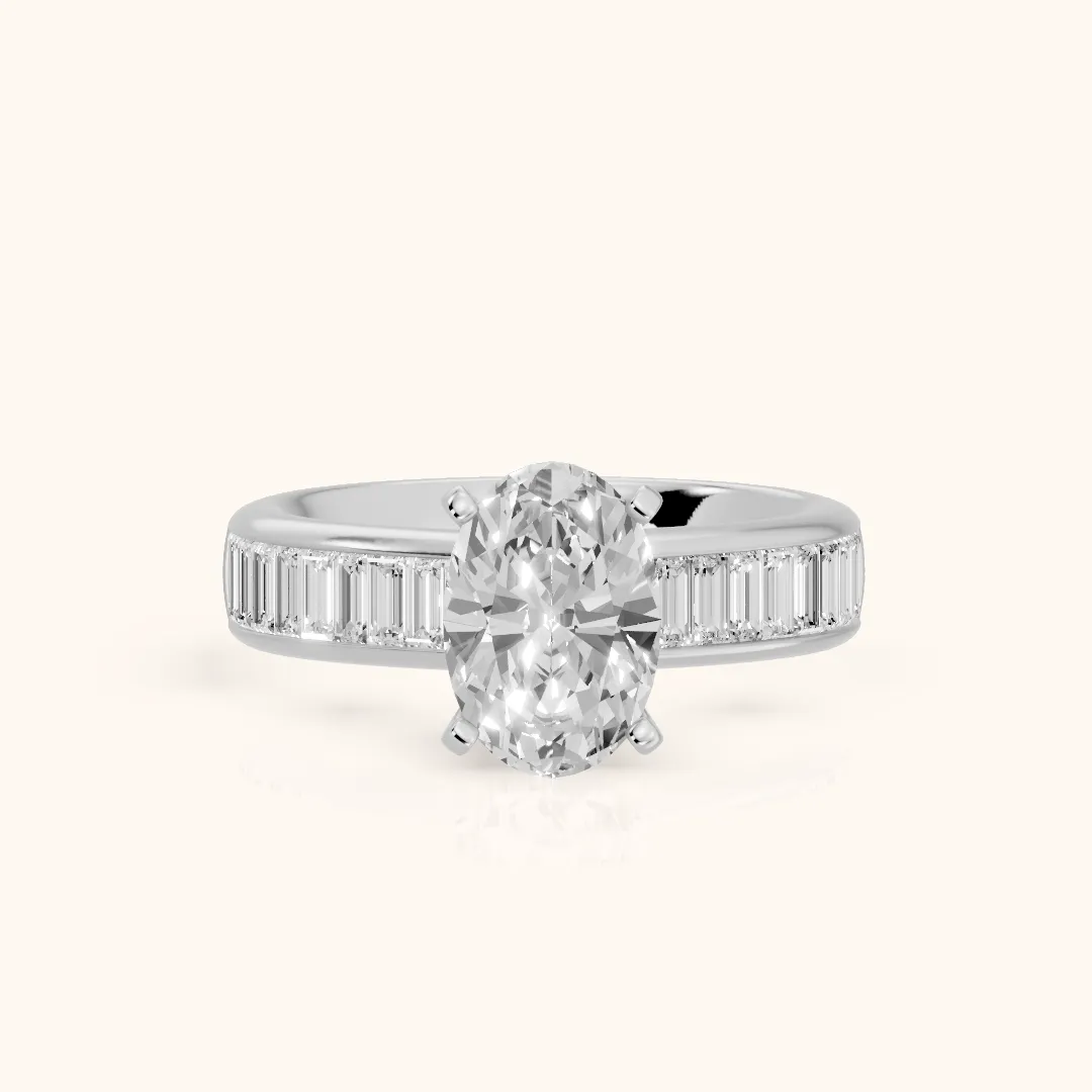 Malibu Wide Band Baguette Oval Diamond Engagement Ring in Silver — view 2