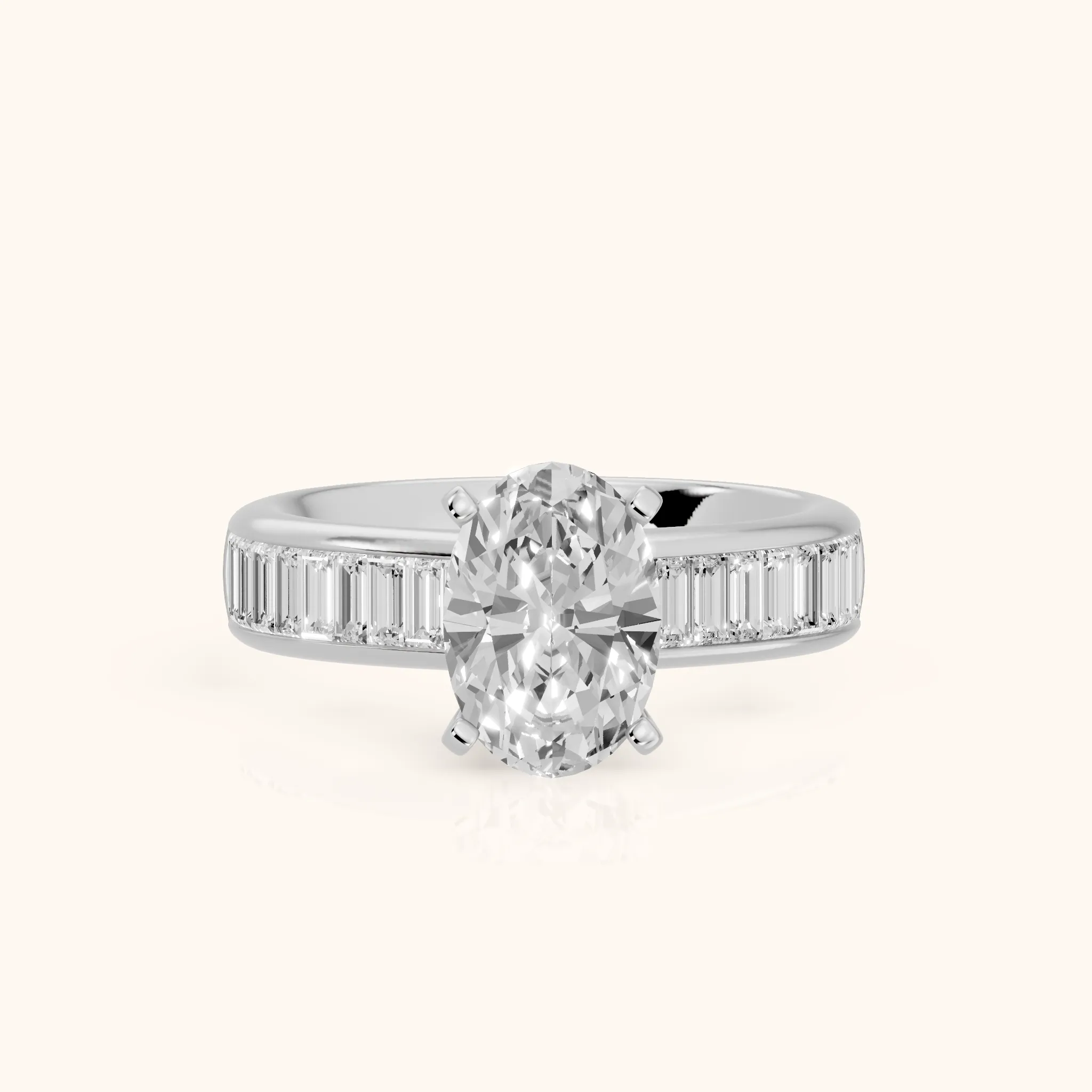 Malibu Wide Band Baguette Oval Diamond Engagement Ring in Silver — view 1