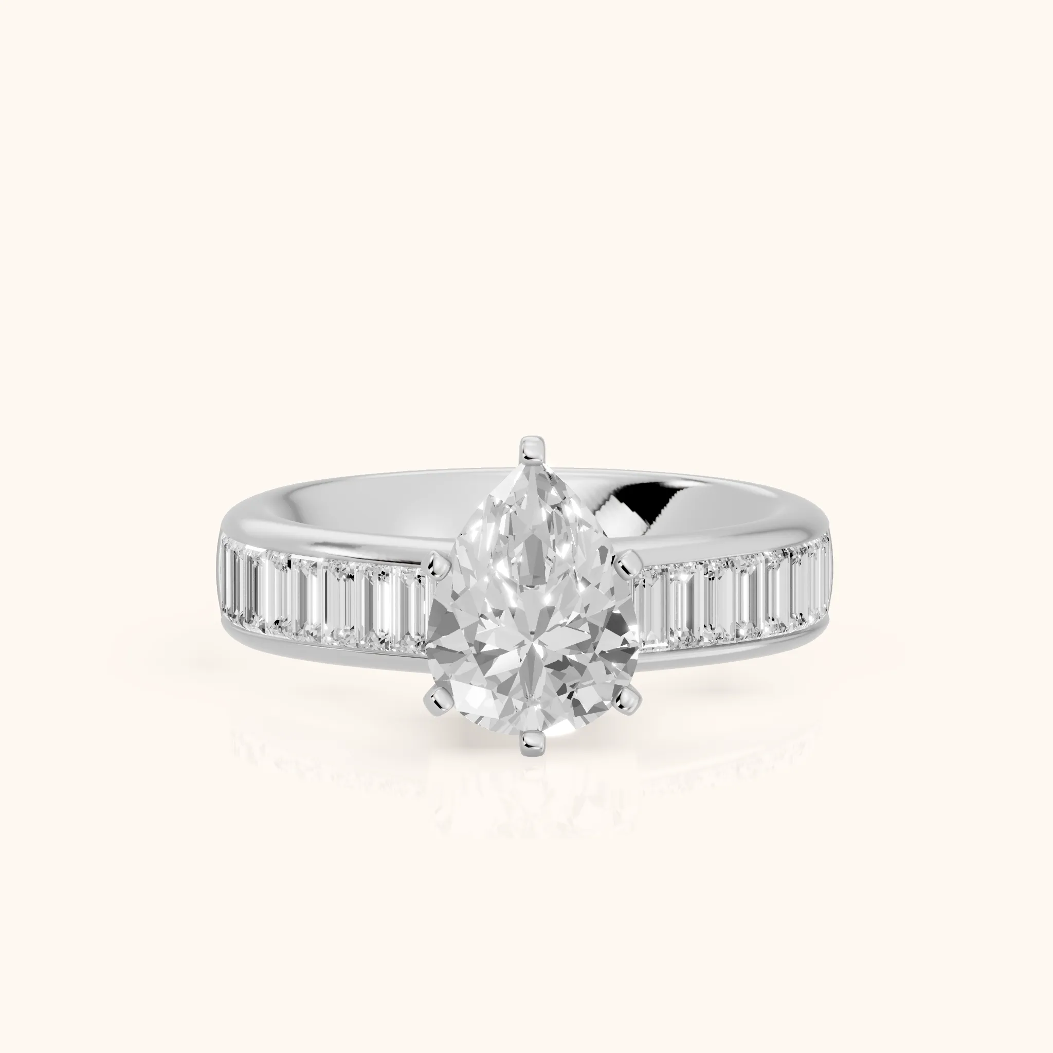 Malibu Wide Band Baguette Pear Diamond Engagement Ring in Silver — view 1