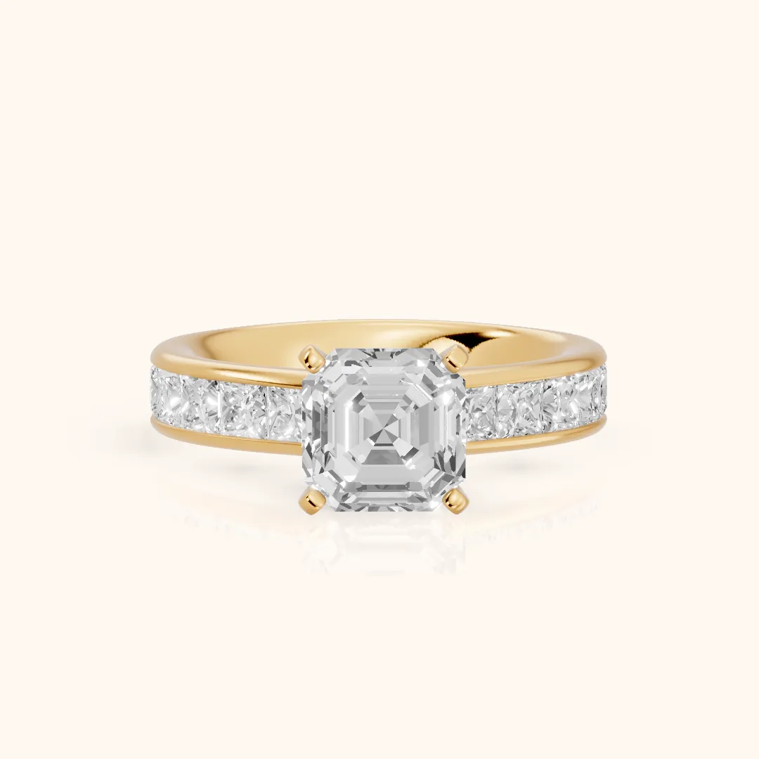 Sonoma Wide Band Channel Set Asscher Diamond Engagement Ring in Yellow Gold — view 2