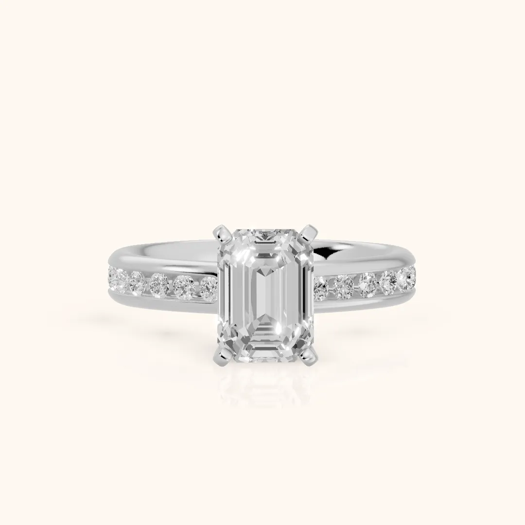 Avalon Channel Set Emerald Diamond Engagement Ring in Platinum — view 2