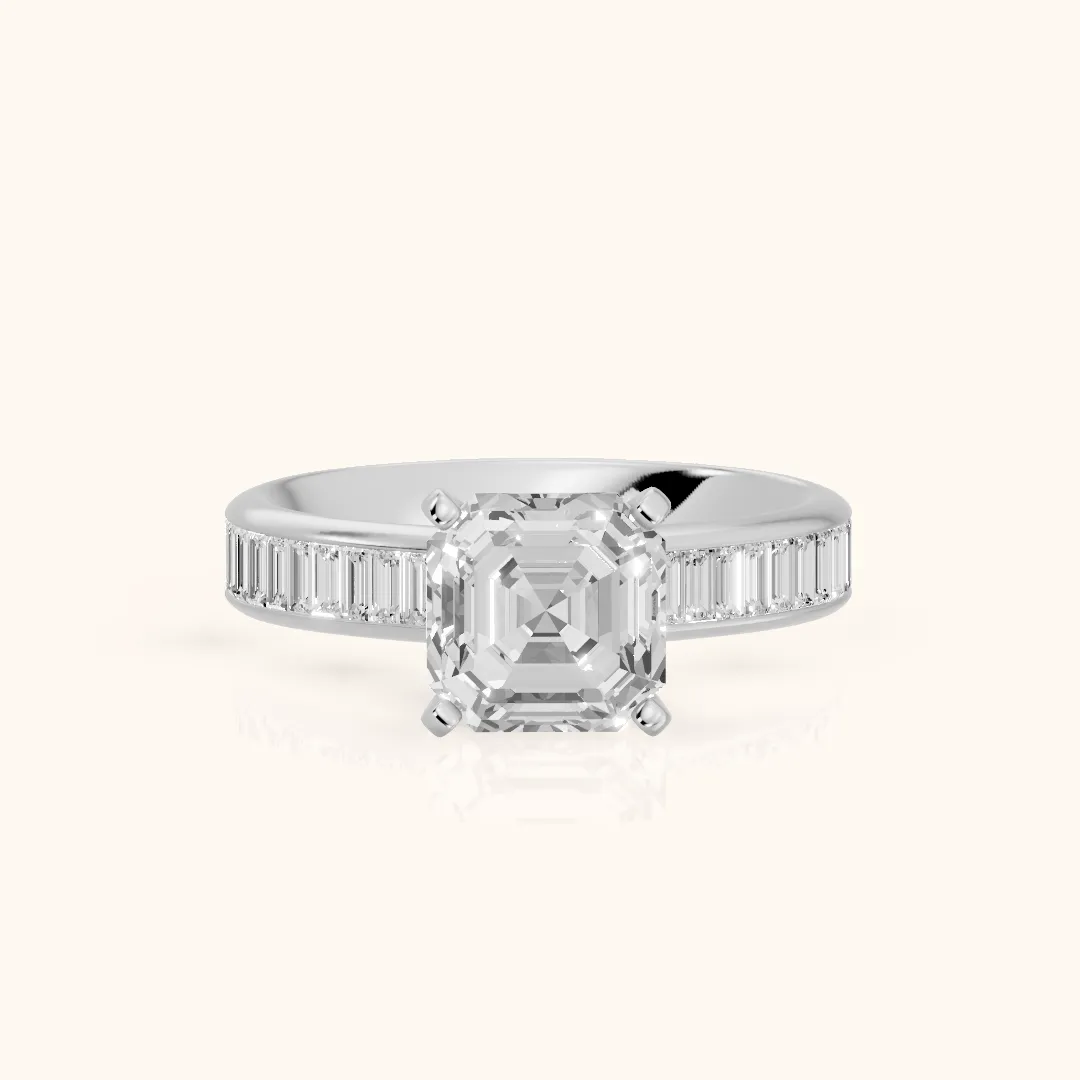 Medina Baguette Channel Set Asscher Diamond Engagement Ring in Silver — view 2