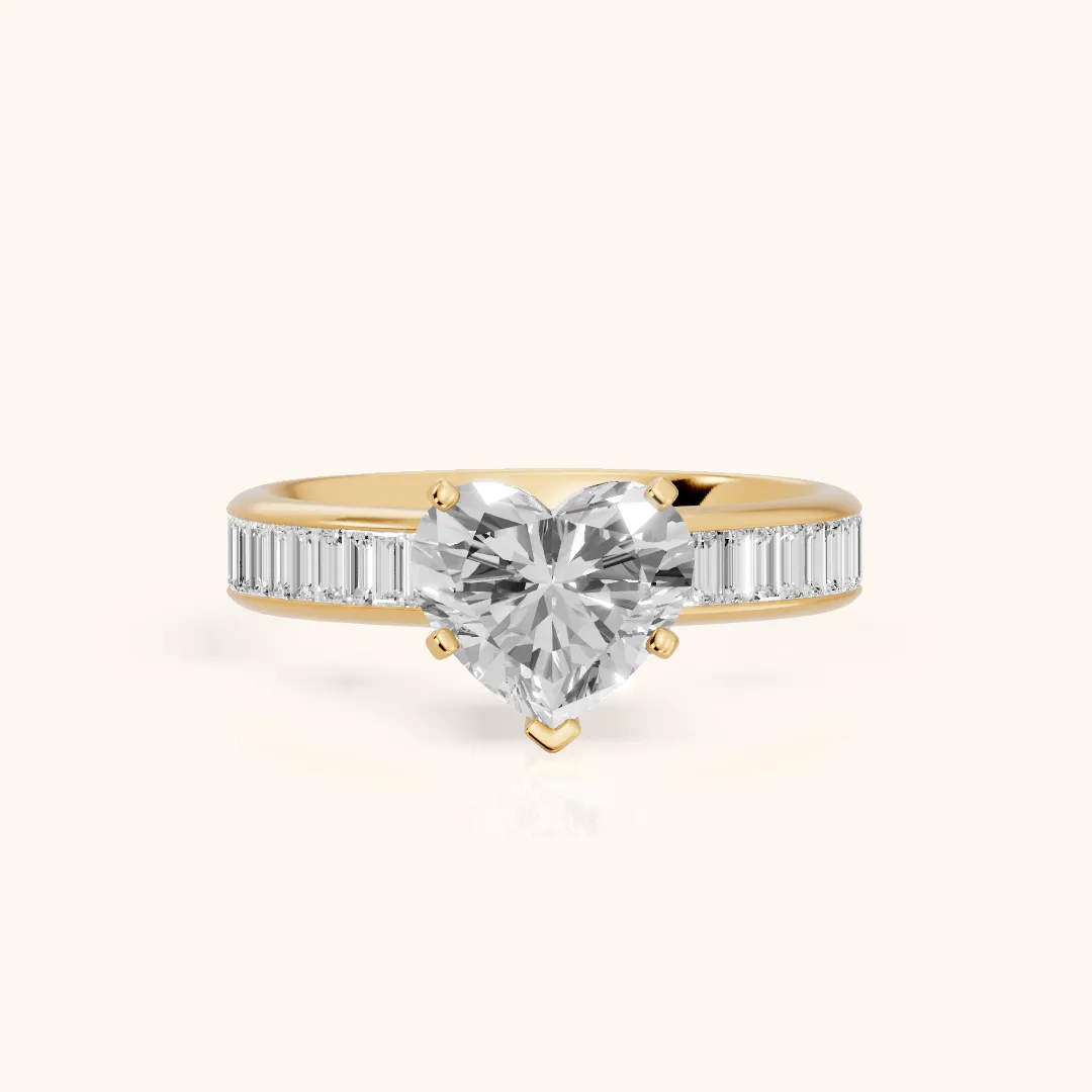 Medina Baguette Channel Set Heart Diamond Engagement Ring in Yellow Gold — view 2