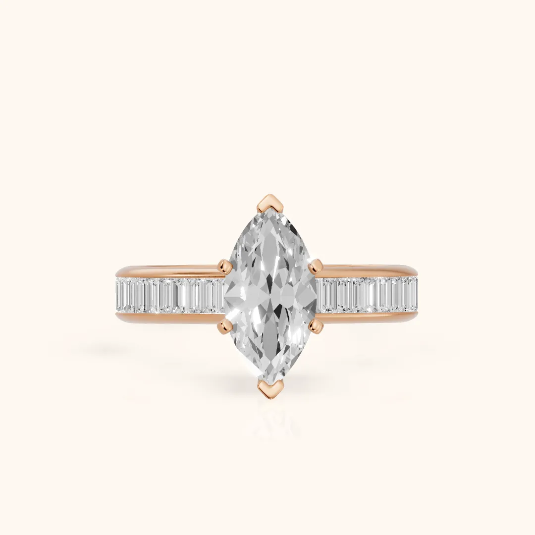 Medina Baguette Channel Set Marquise Diamond Engagement Ring in Rose Gold — view 2