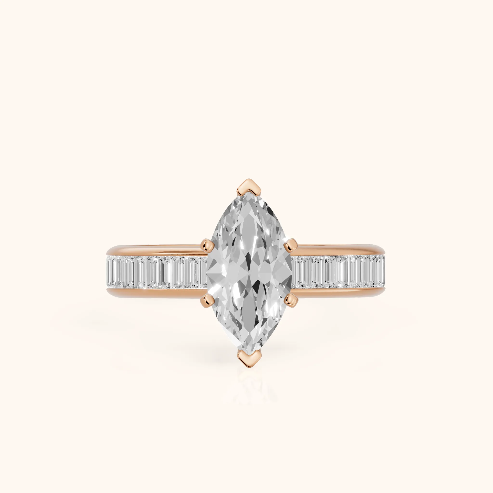 Medina Baguette Channel Set Marquise Diamond Engagement Ring in Rose Gold — view 1
