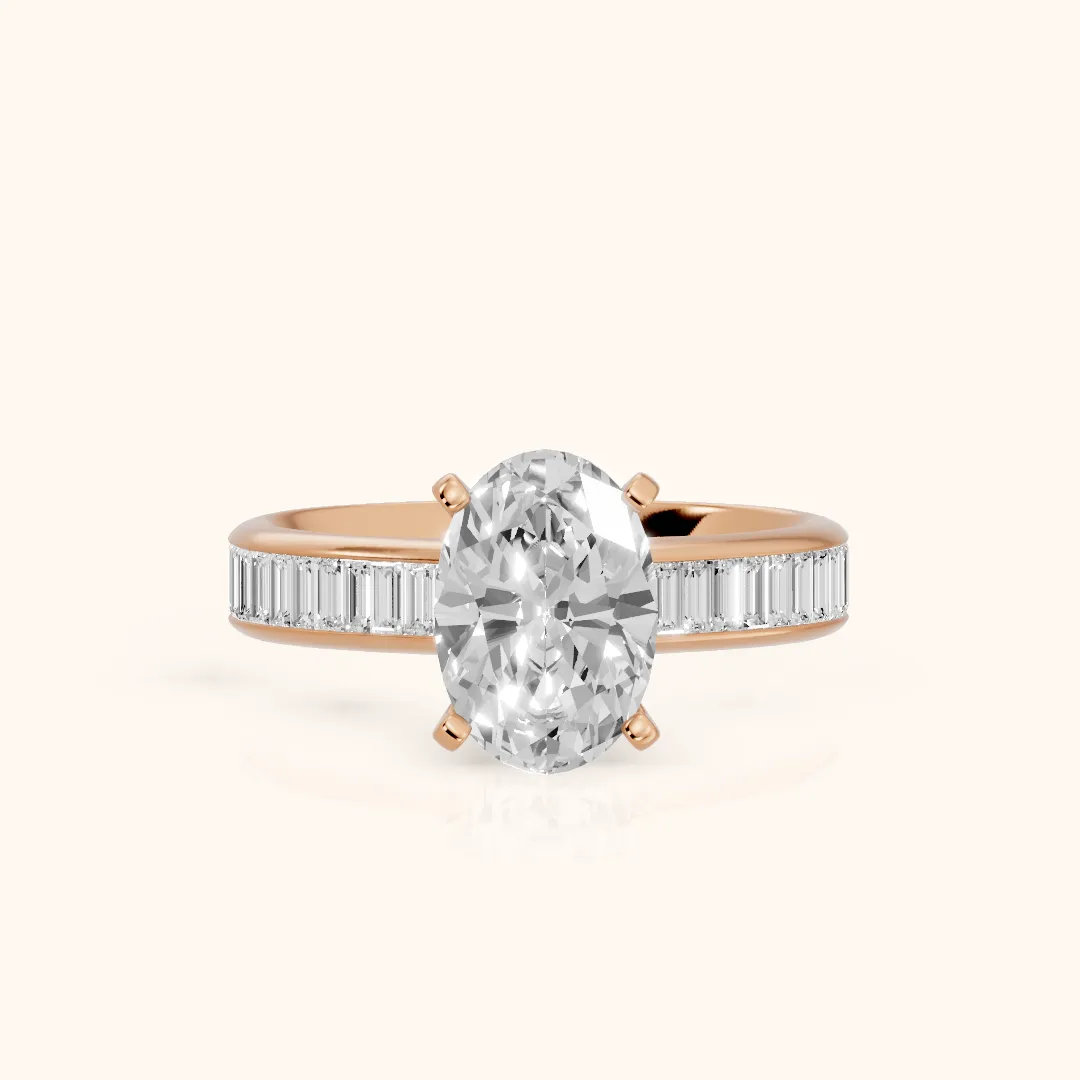Medina Baguette Channel Set Oval Diamond Engagement Ring in Rose Gold — view 2
