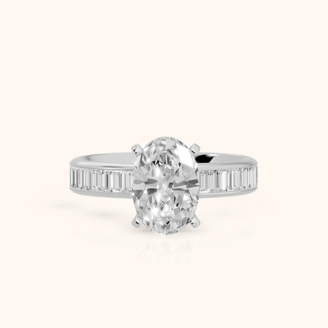 Medina Baguette Channel Set Oval Diamond Engagement Ring in Platinum — view 2