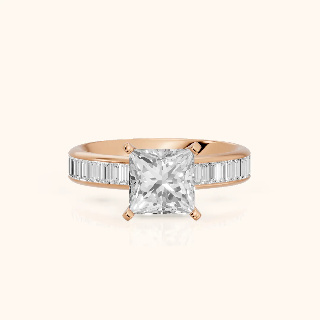Medina Baguette Channel Set Princess Diamond Engagement Ring in Rose Gold — view 2