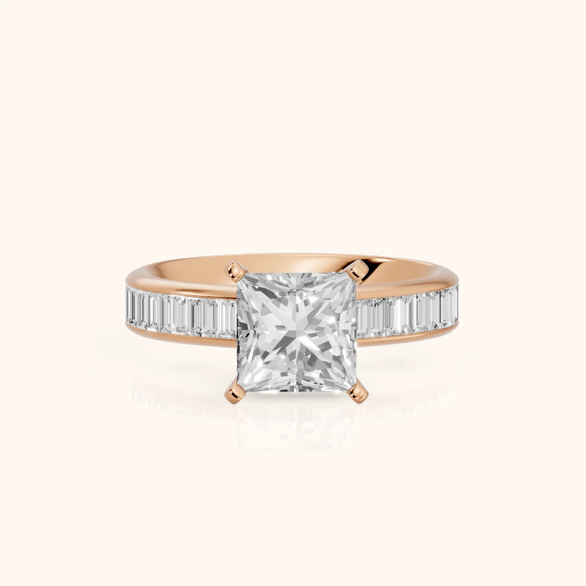 Medina Baguette Channel Set Princess Diamond Engagement Ring in Rose Gold — view 1