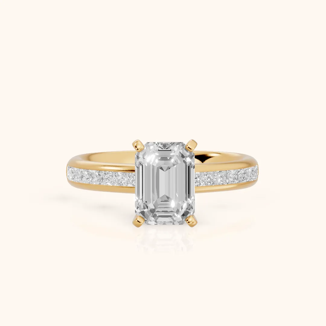 Solano Channel Set Emerald Diamond Engagement Ring in Yellow Gold — view 2