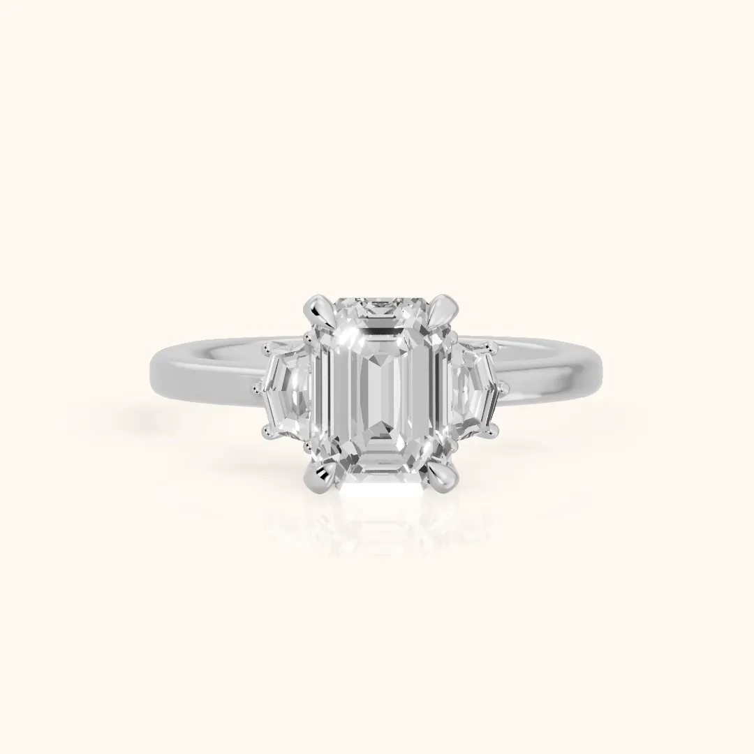 Elmira Step-Cut Three-Stone Emerald Diamond Engagement Ring in White Gold — view 2