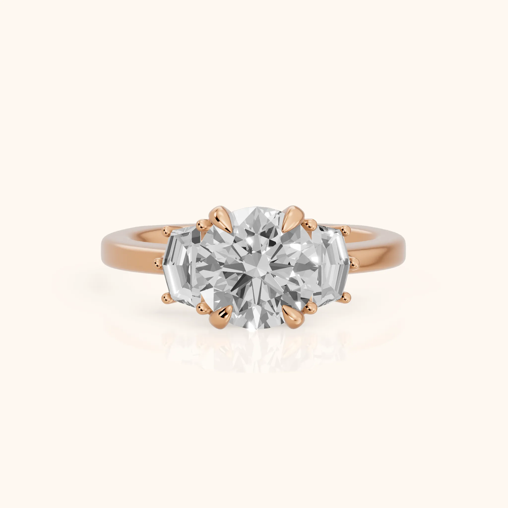 Galena Step-Cut Three-Stone Round Diamond Engagement Ring in Rose Gold — view 1