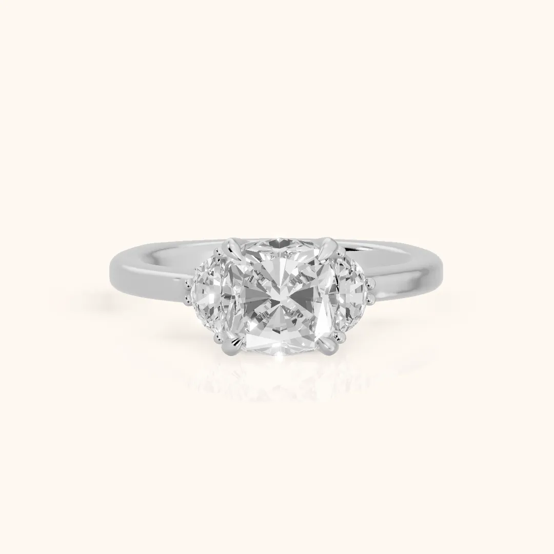 Geneva Half-Moon Three-Stone Cushion Diamond Engagement Ring in White Gold — view 2
