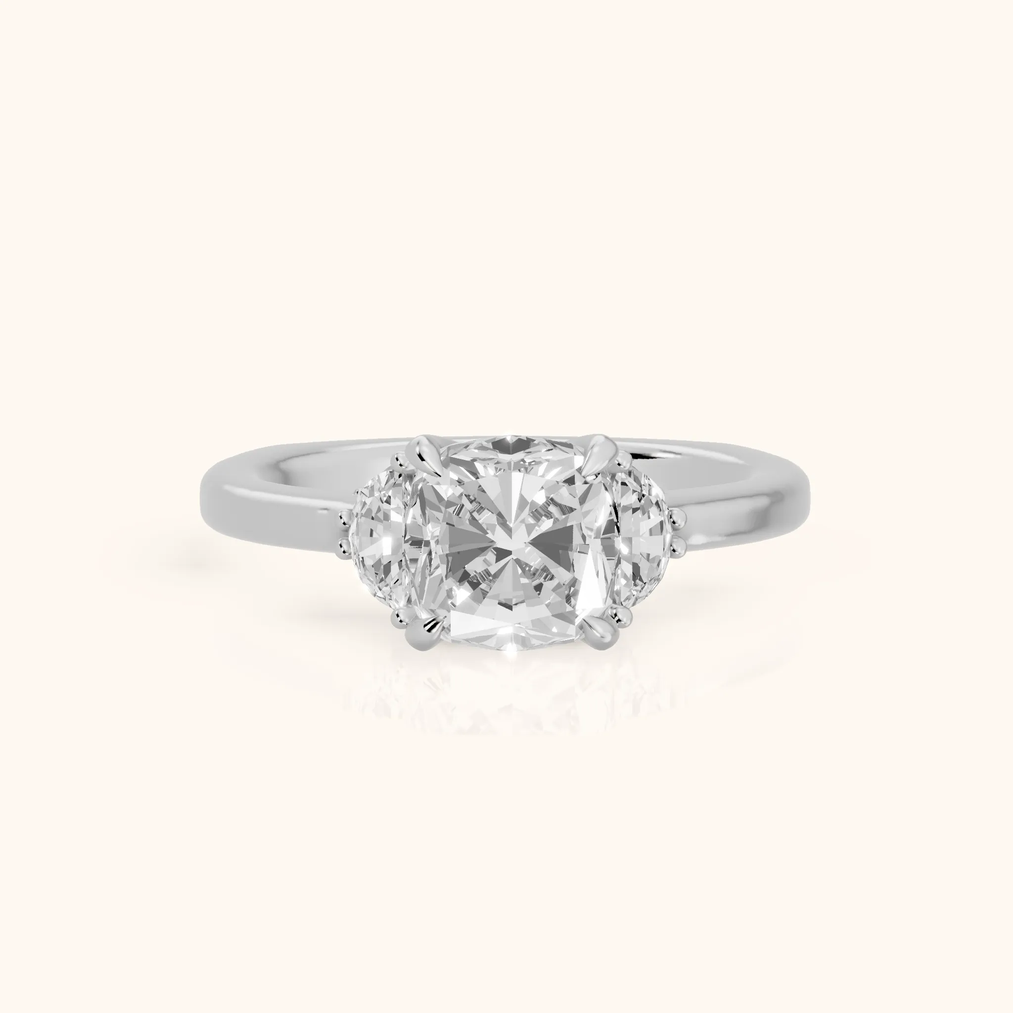 Geneva Half-Moon Three-Stone Cushion Diamond Engagement Ring in White Gold — view 1