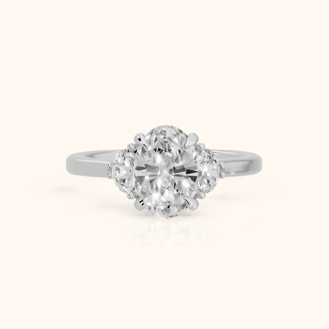 Geneva Half-Moon Three-Stone Oval Diamond Engagement Ring in White Gold — view 2