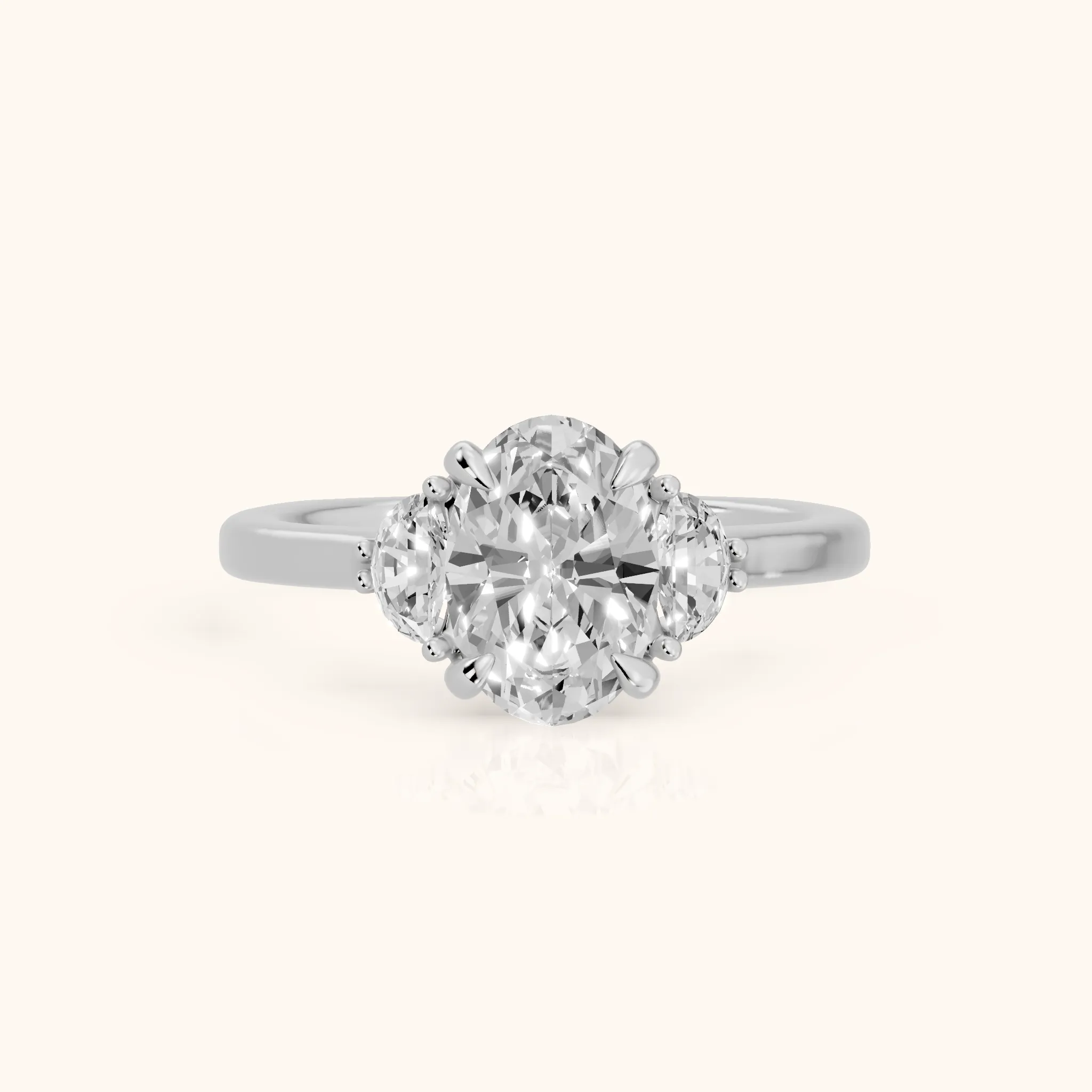 Geneva Half-Moon Three-Stone Oval Diamond Engagement Ring in White Gold — view 1