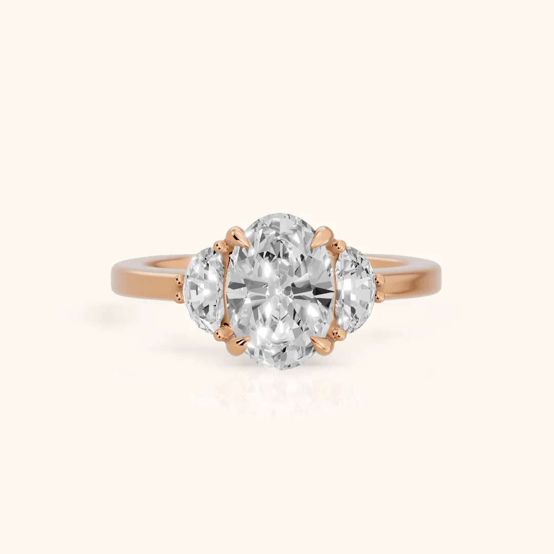 Madera Half-Moon Three-Stone Oval Diamond Engagement Ring in Rose Gold — view 2