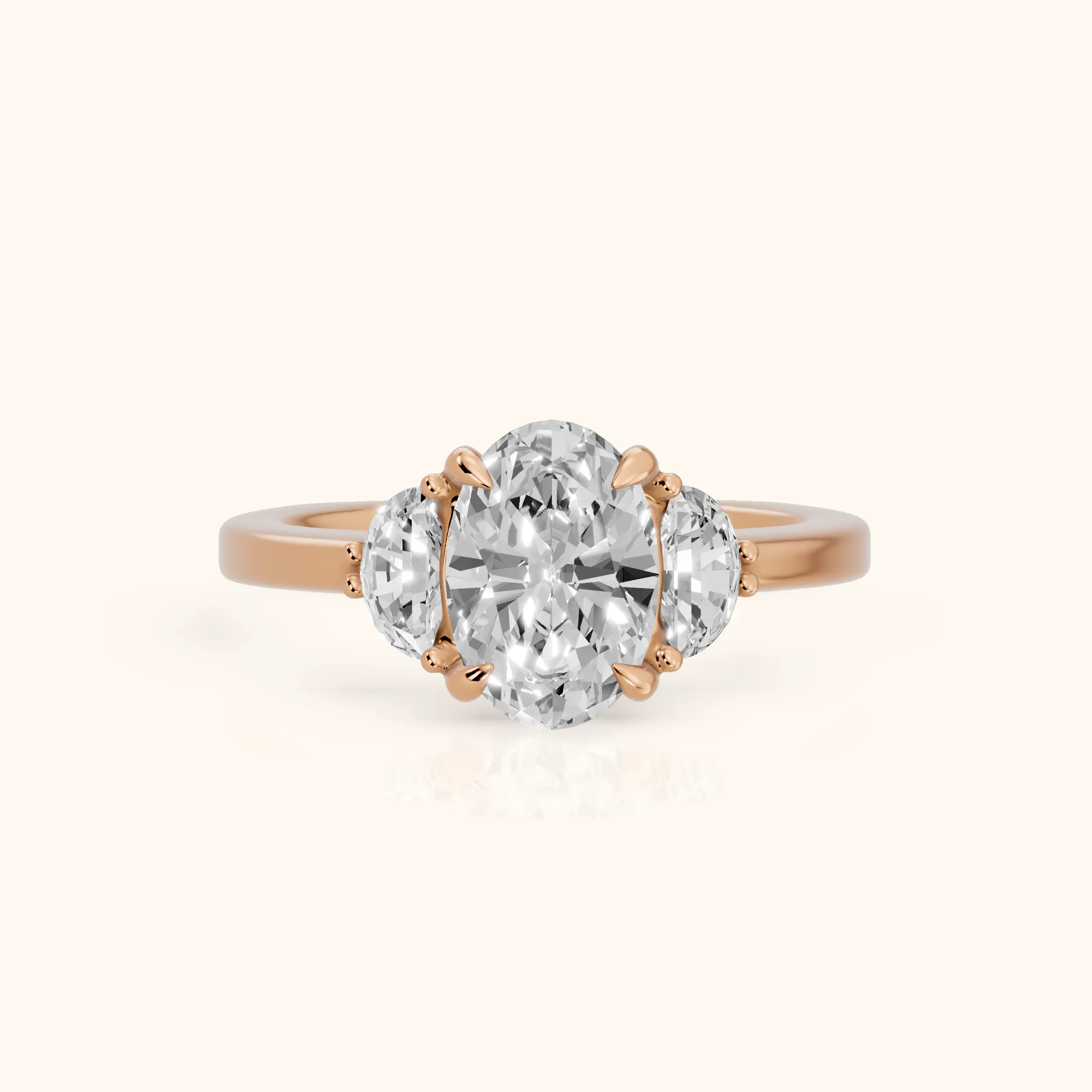 Madera Half-Moon Three-Stone Oval Diamond Engagement Ring in Rose Gold — view 1