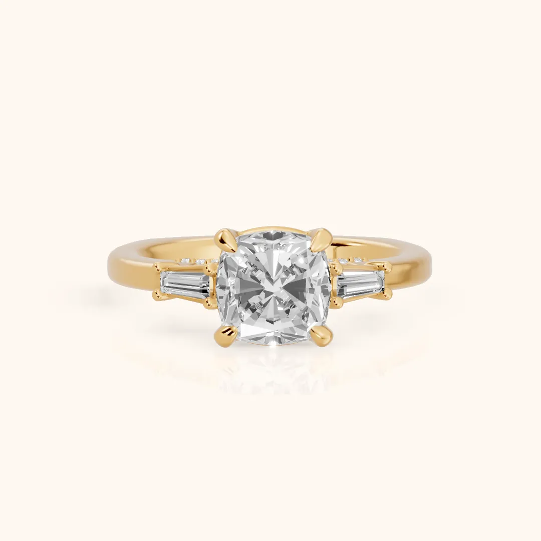 Laredo Baguette Three-Stone Cushion Diamond Engagement Ring in Yellow Gold — view 2