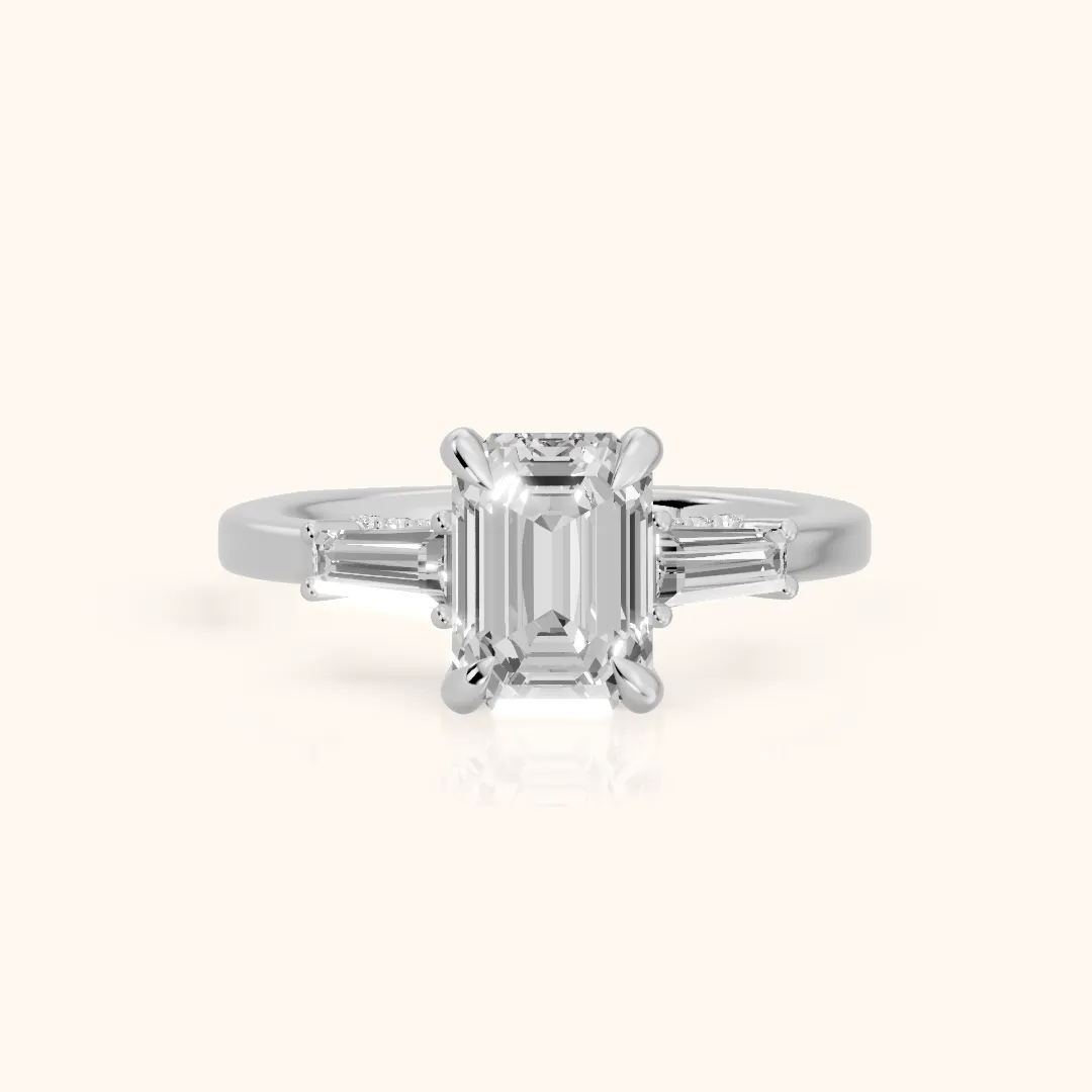 Seneca Baguette Three-Stone Emerald Diamond Engagement Ring in Silver — view 2