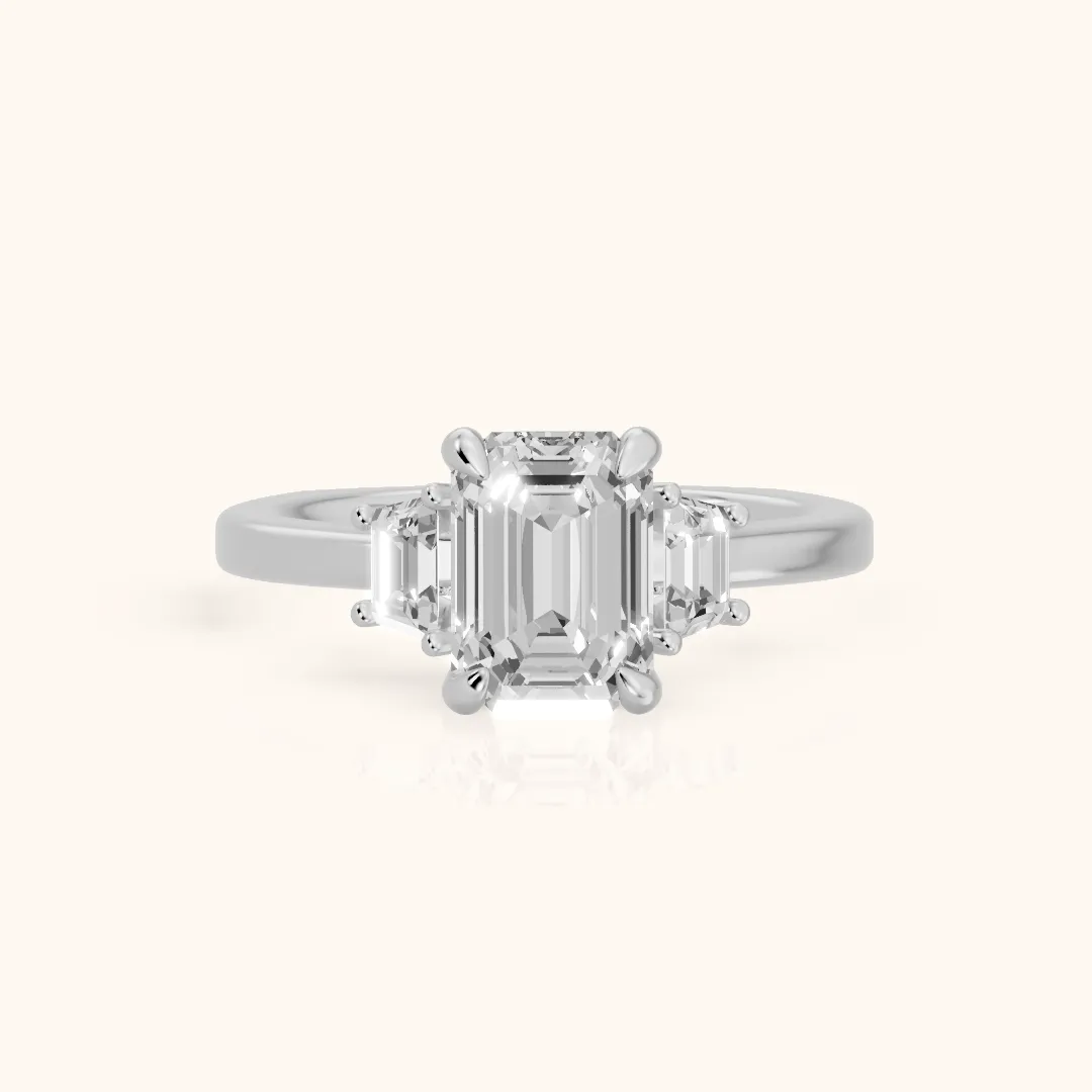 Eureka Trapezoid Three-Stone Emerald Diamond Engagement Ring in Platinum — view 2