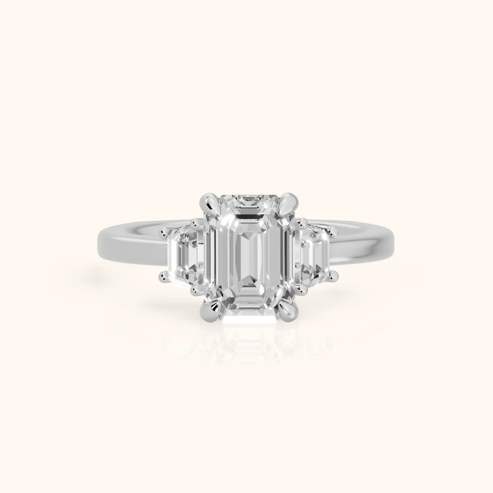 Eureka Trapezoid Three-Stone Emerald Diamond Engagement Ring in Platinum — view 1