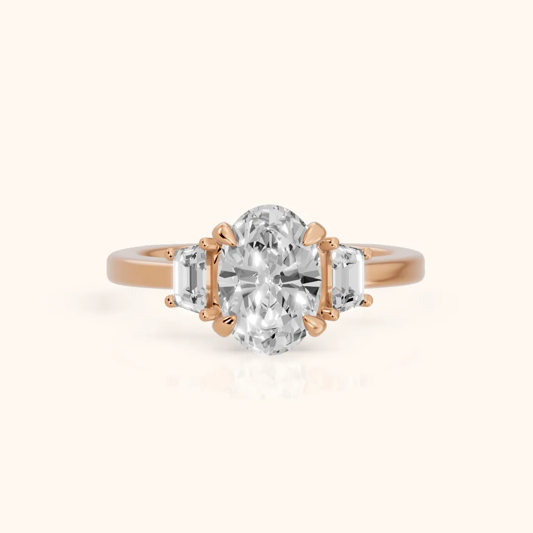 Eureka Trapezoid Three-Stone Oval Diamond Engagement Ring in Rose Gold — view 2